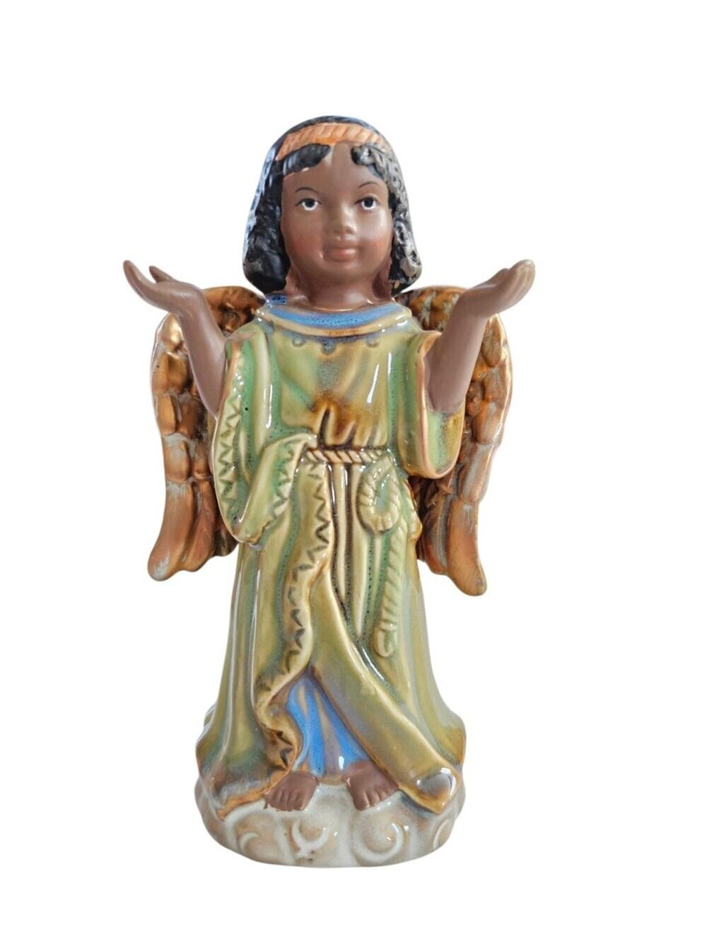 African American Ceramic Cherub Angel Figurine in Green and Gold